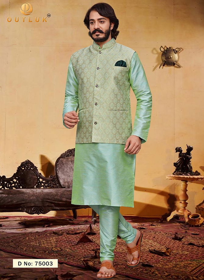 Sea Green Outluk Vol 75 Latest Designer Festive Wear Kurta Pajama With Jacket Collection 75003